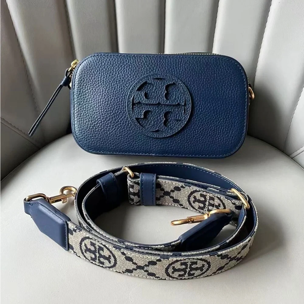 Tory Burch Deep Blue Crossbody Bag with Patterned Strap